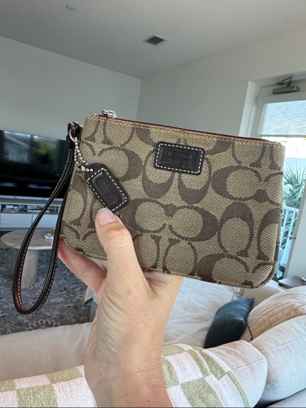 Authentic Coach Signature Jacquard Wristlet Brown Khaki Y2K Mini Pouch EUC